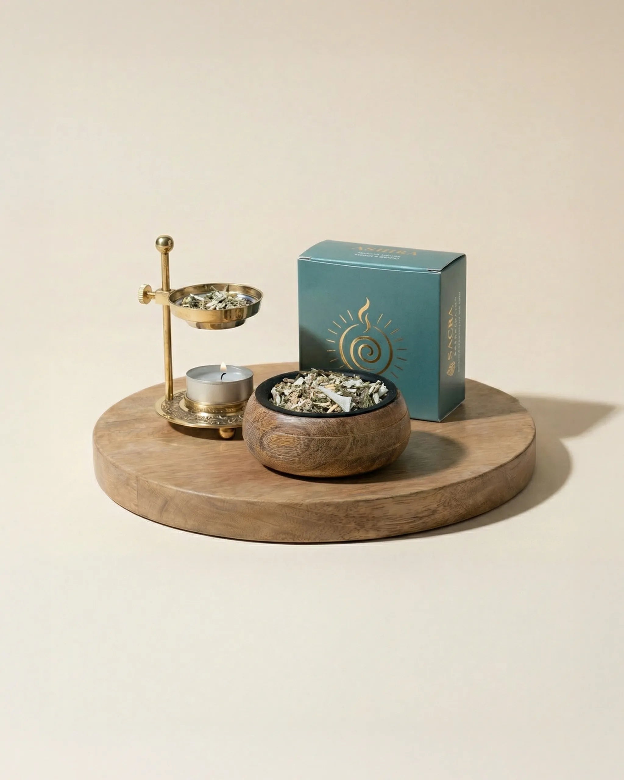 Blend botanic Ashira - compozitie ritual cu arzator de alama, bol de lemn si cutie Sacra Botanicals