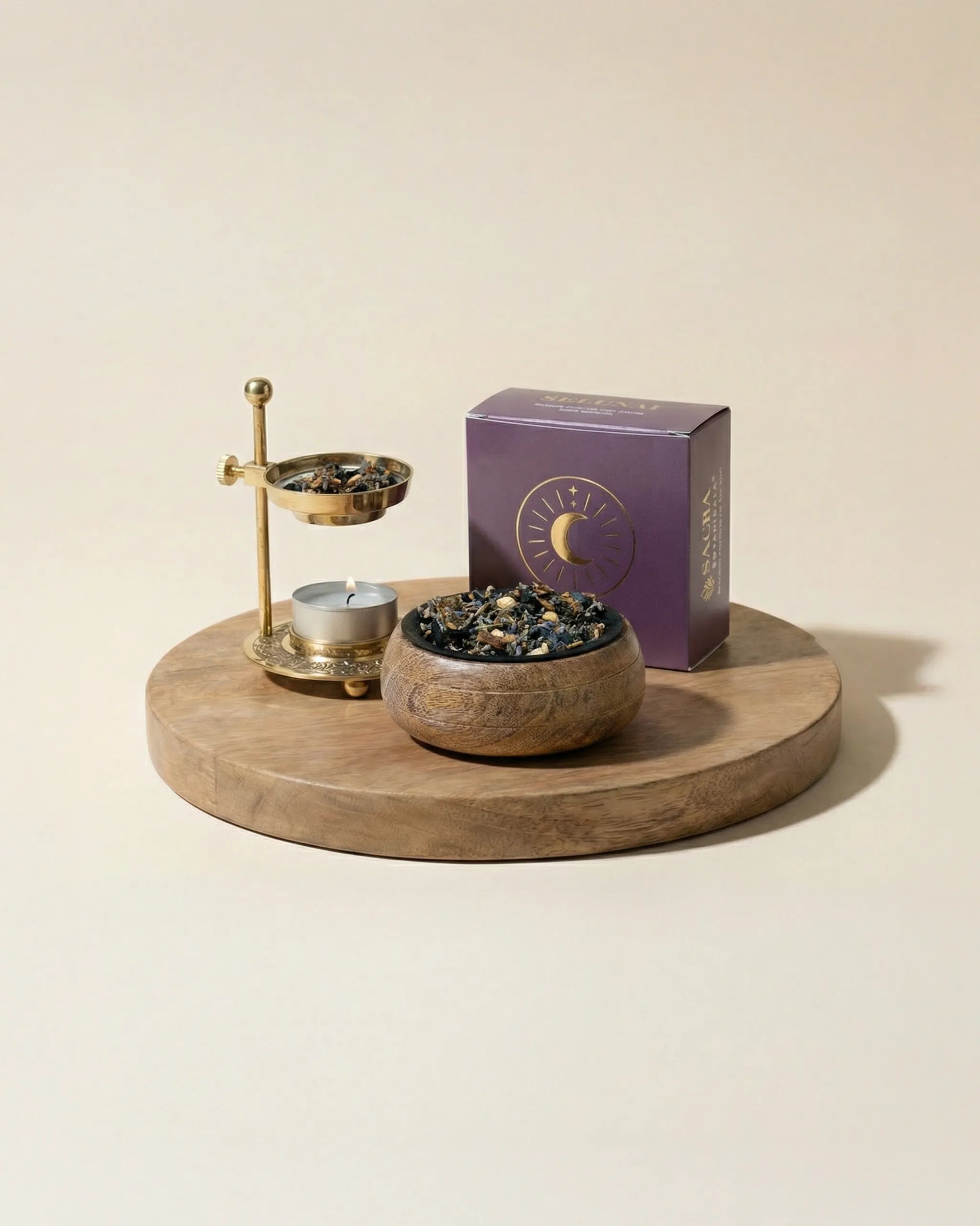 Blend botanic Selunai - compozitie ritual cu arzator de alama, bol de lemn si cutie Sacra Botanicals