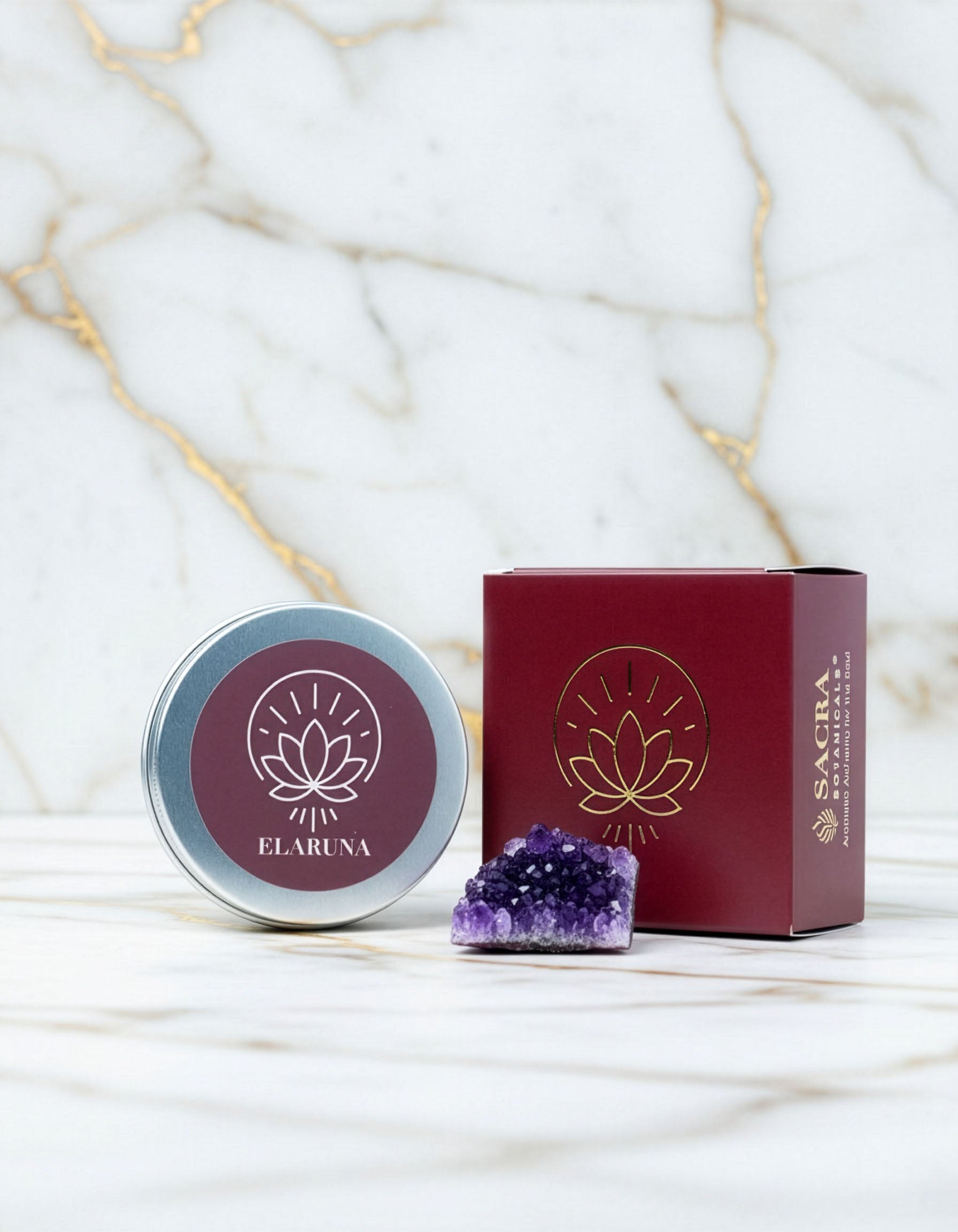 Blend botanic Elaruna pentru fumigatie, cutie si recipient metalic Sacra Botanicals cu cristal decorativ