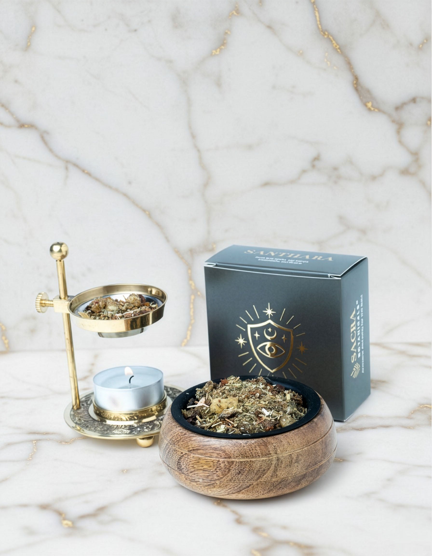 Blend botanic Santhara pentru fumigatie, prezentare ritualica cu suport metalic, lumanare si bol din lemn