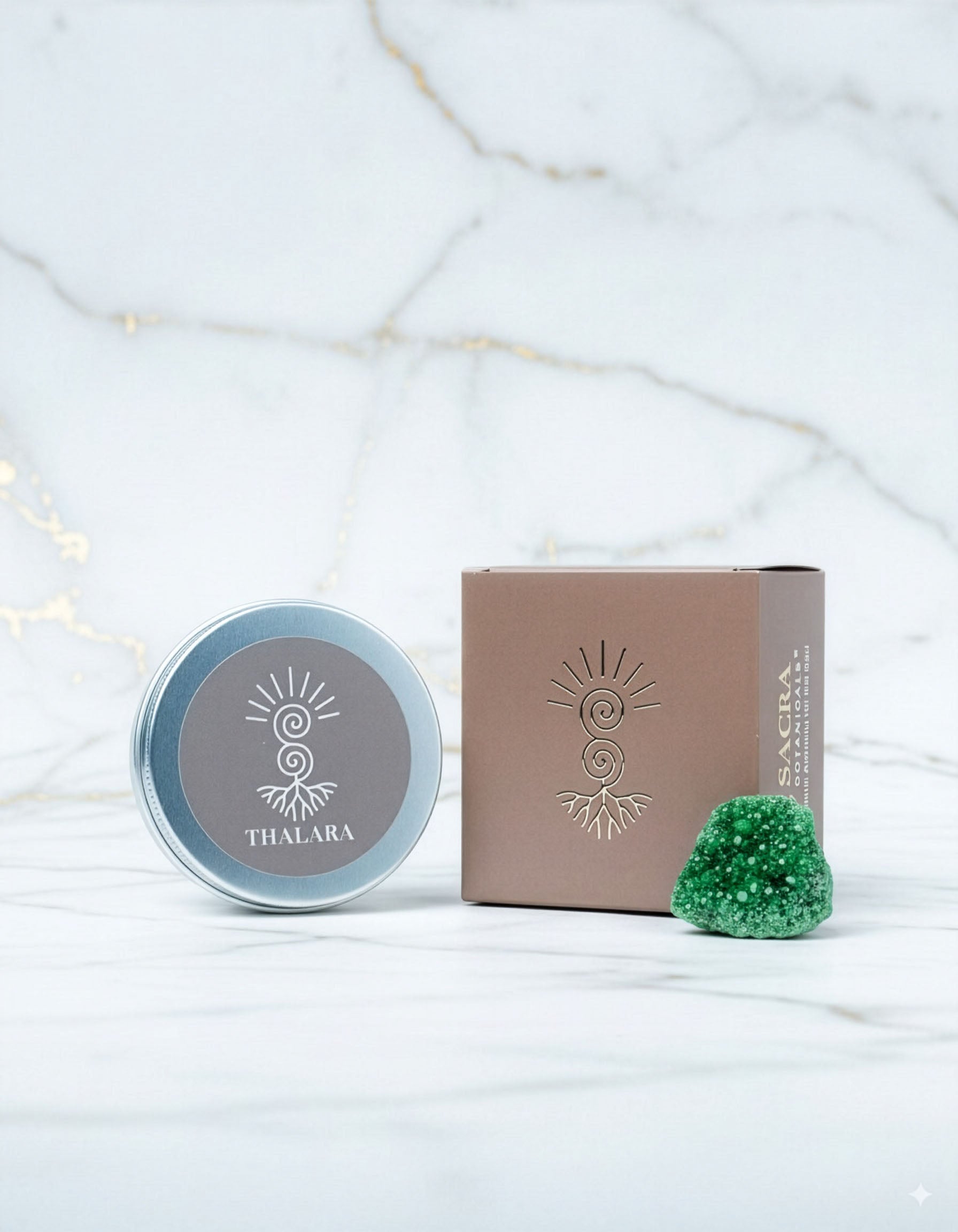 Blend botanic Thalara pentru fumigatie, cutie si recipient metalic Sacra Botanicals cu piatra decorativa