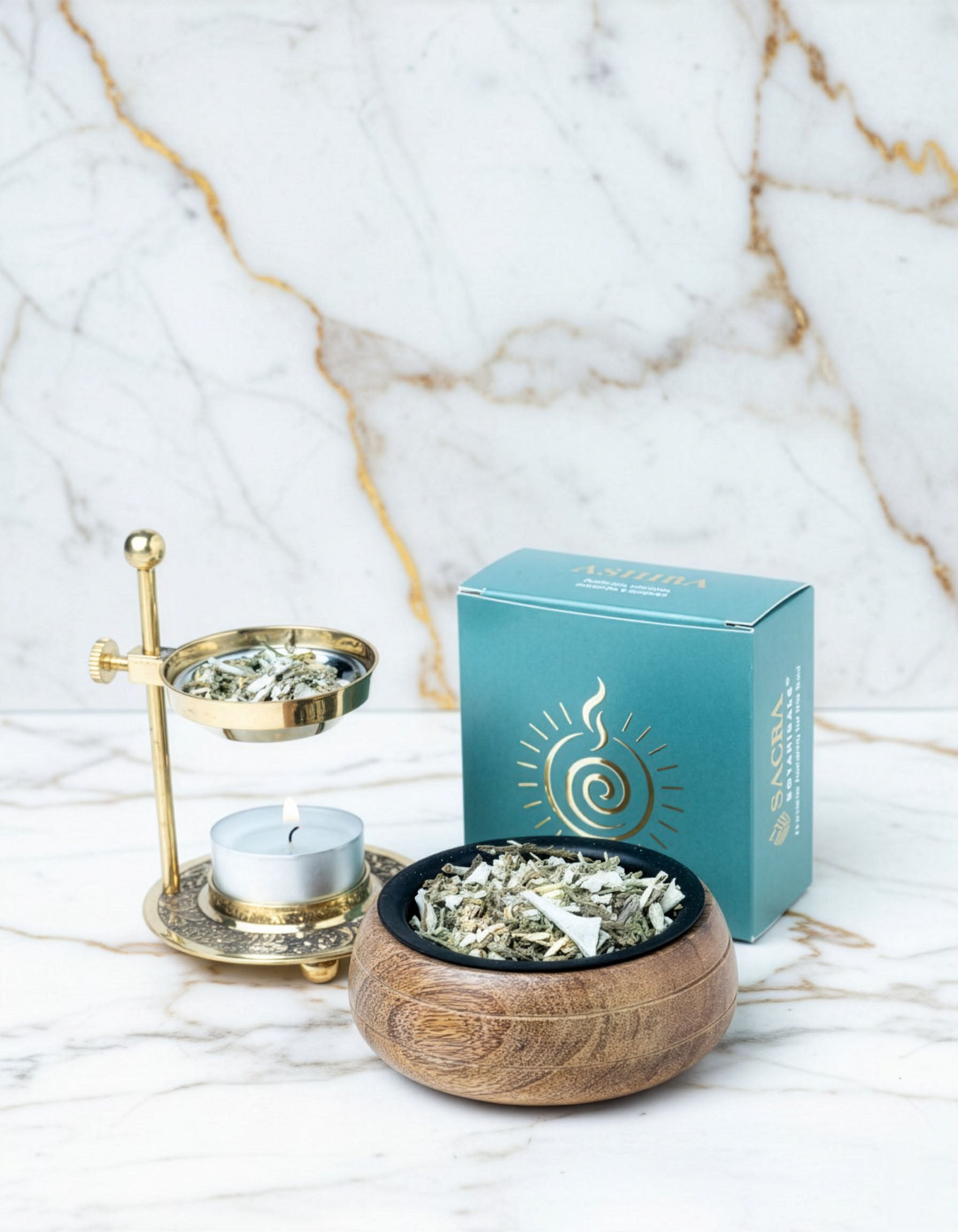 Blend botanic Ashira pentru fumigatie, prezentare ritualica cu suport metalic, lumanare si bol din lemn