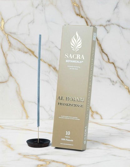 Betisor aromatic Al Hojari Frankincense Sacra Botanicals, tamaie boswellia sacra oman, prezentare produs cu ambalaj