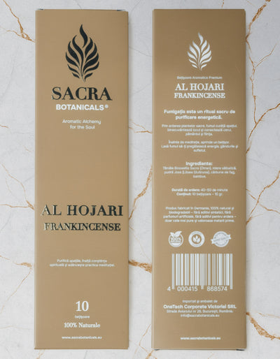 Ambalaj fata si spate betisoare aromatice Al Hojari Frankincense Sacra Botanicals, tamaie Boswellia Sacra Oman