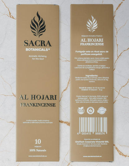 Ambalaj fata si spate betisoare aromatice Al Hojari Frankincense Sacra Botanicals, tamaie Boswellia Sacra Oman