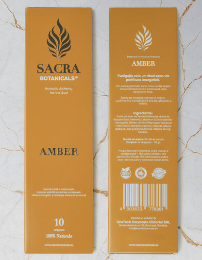 Ambalaj fata si spate betisoare aromatice Amber Sacra Botanicals