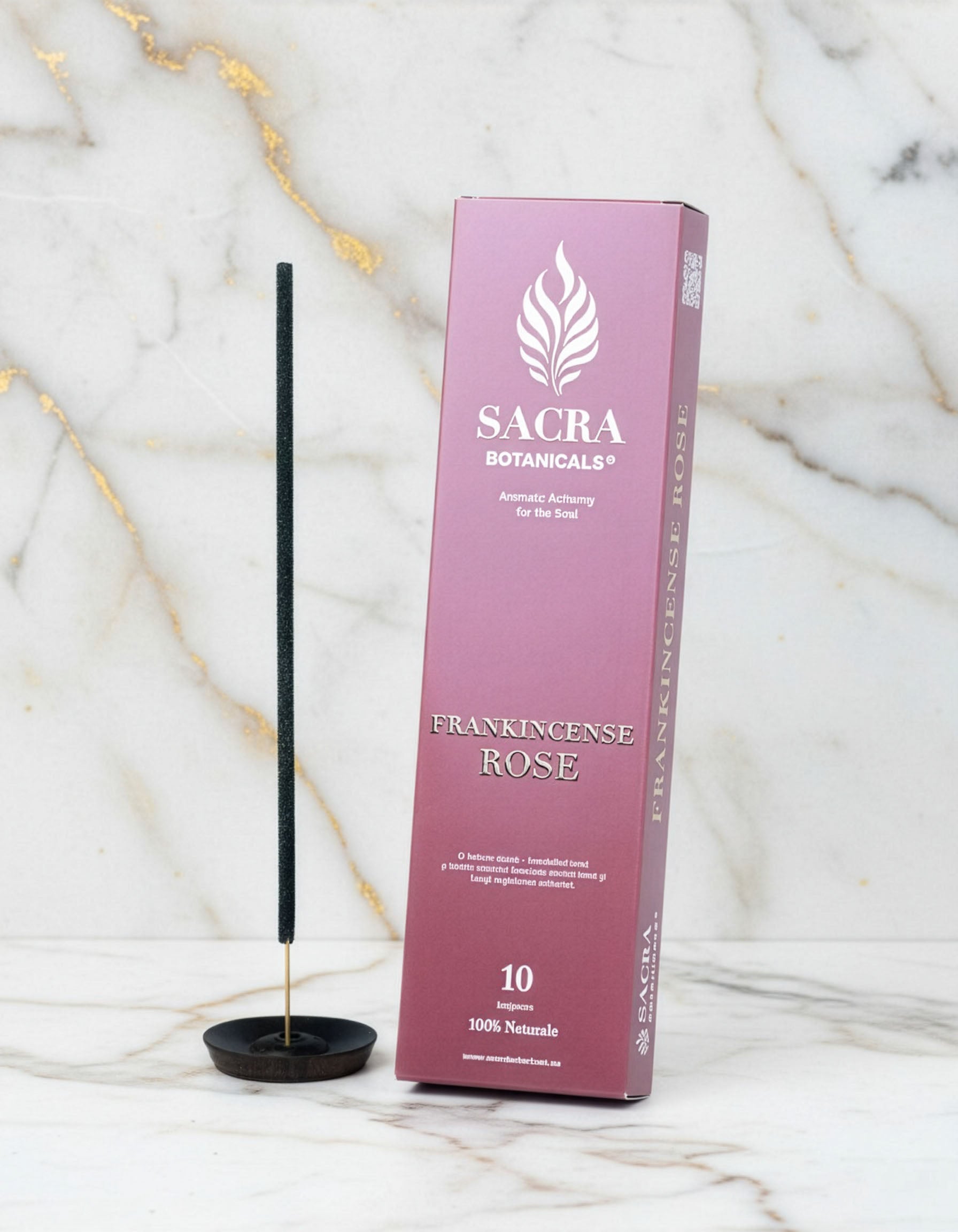 Betisor aromatic Frankincense Rose Sacra Botanicals, tamaie si trandafir, prezentare produs cu ambalaj