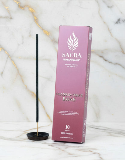 Betisor aromatic Frankincense Rose Sacra Botanicals, tamaie si trandafir, prezentare produs cu ambalaj