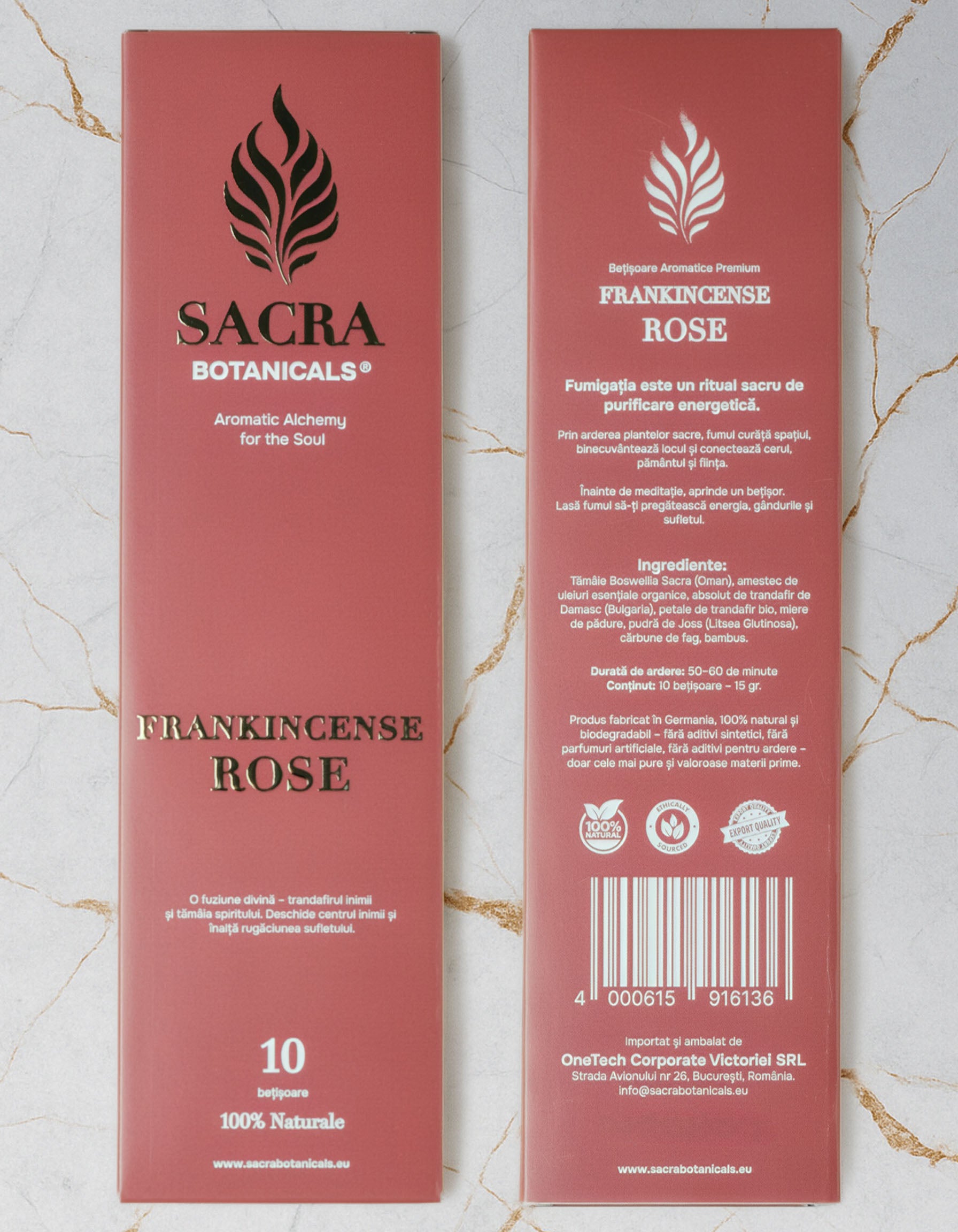 Ambalaj fata si spate betisoare aromatice Frankincense Rose, tamaie boswellia sacra si trandafir, Sacra Botanicals