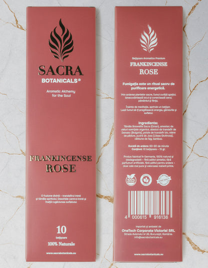 Ambalaj fata si spate betisoare aromatice Frankincense Rose, tamaie boswellia sacra si trandafir, Sacra Botanicals