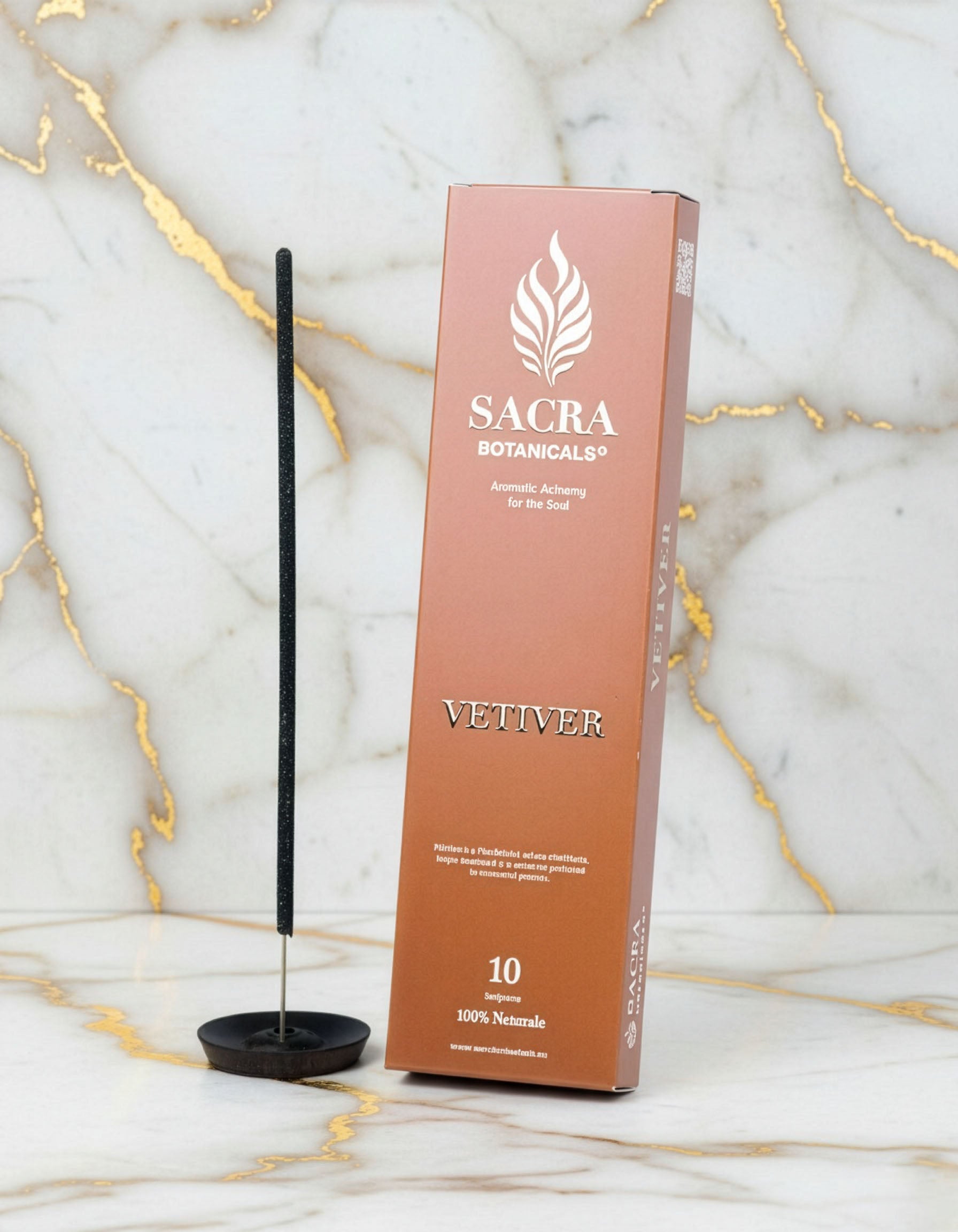 Betisor aromatic Vetiver Sacra Botanicals, prezentare produs cu ambalaj