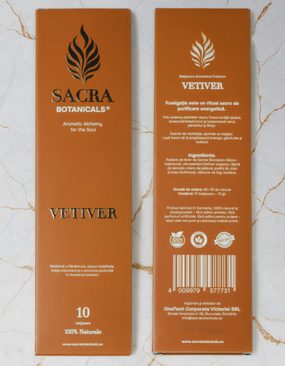 Ambalaj fata si spate betisoare aromatice Vetiver Sacra Botanicals