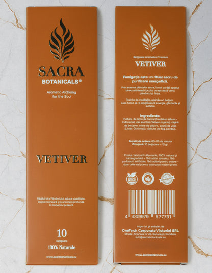 Ambalaj fata si spate betisoare aromatice Vetiver Sacra Botanicals
