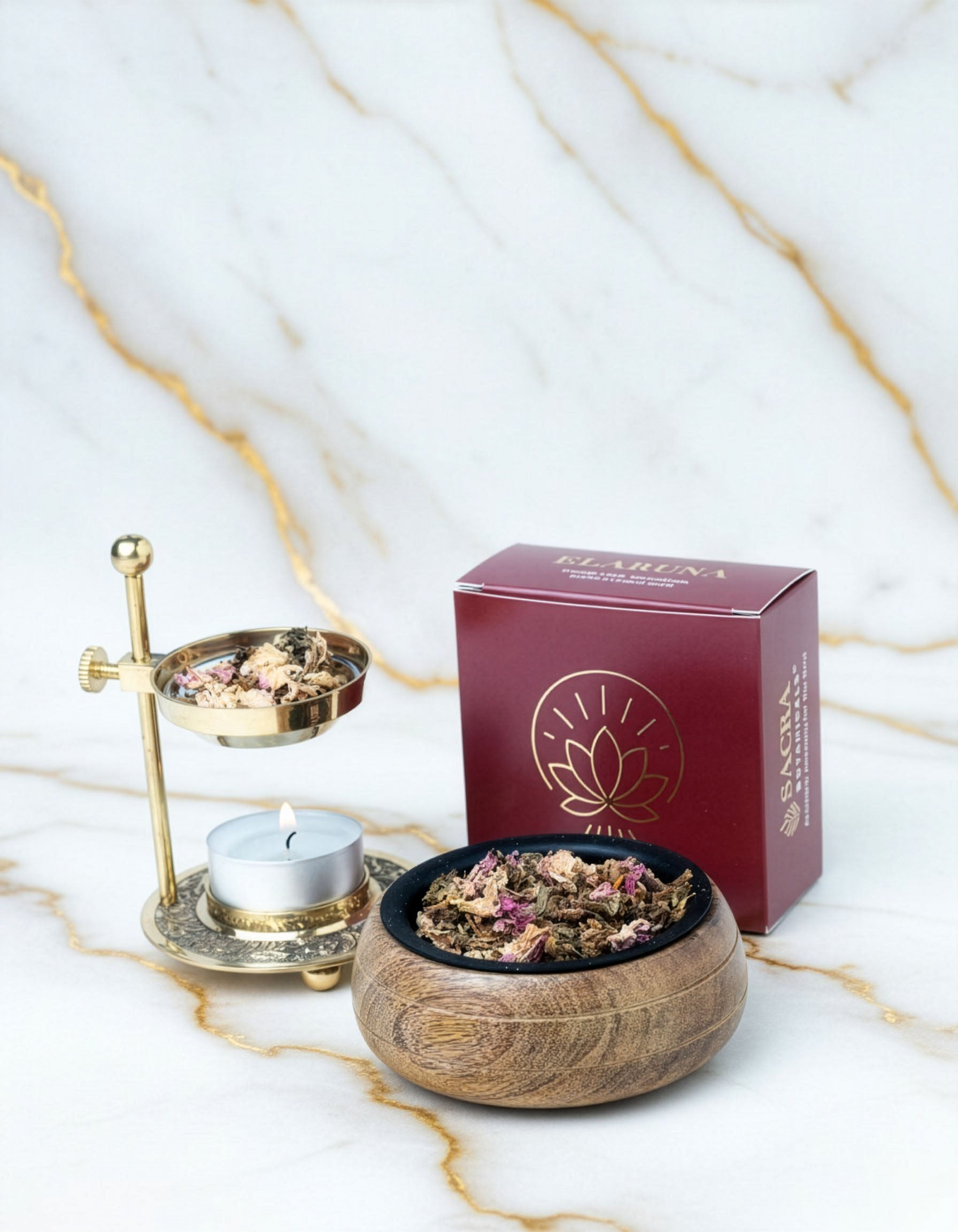 Blend botanic Elaruna pentru fumigatie, prezentare ritualica cu suport metalic, lumanare si bol din lemn