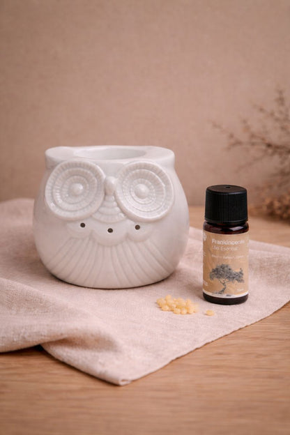 Incalzitor ceramic bufnita pentru uleiuri esentiale, prezentare in cadru ritualic