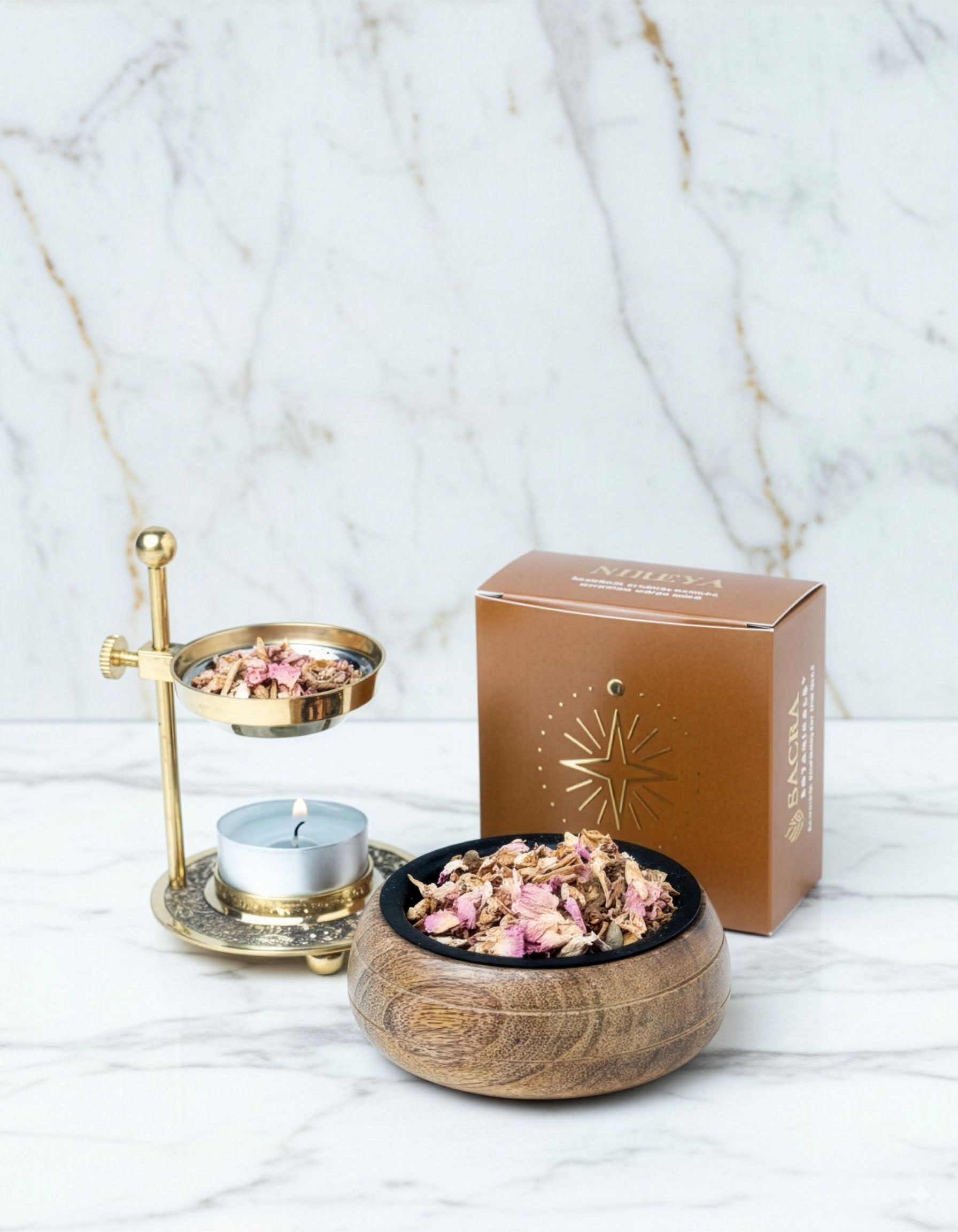 Blend botanic Nireya pentru fumigatie, prezentare ritualica cu suport metalic, lumanare si bol din lemn
