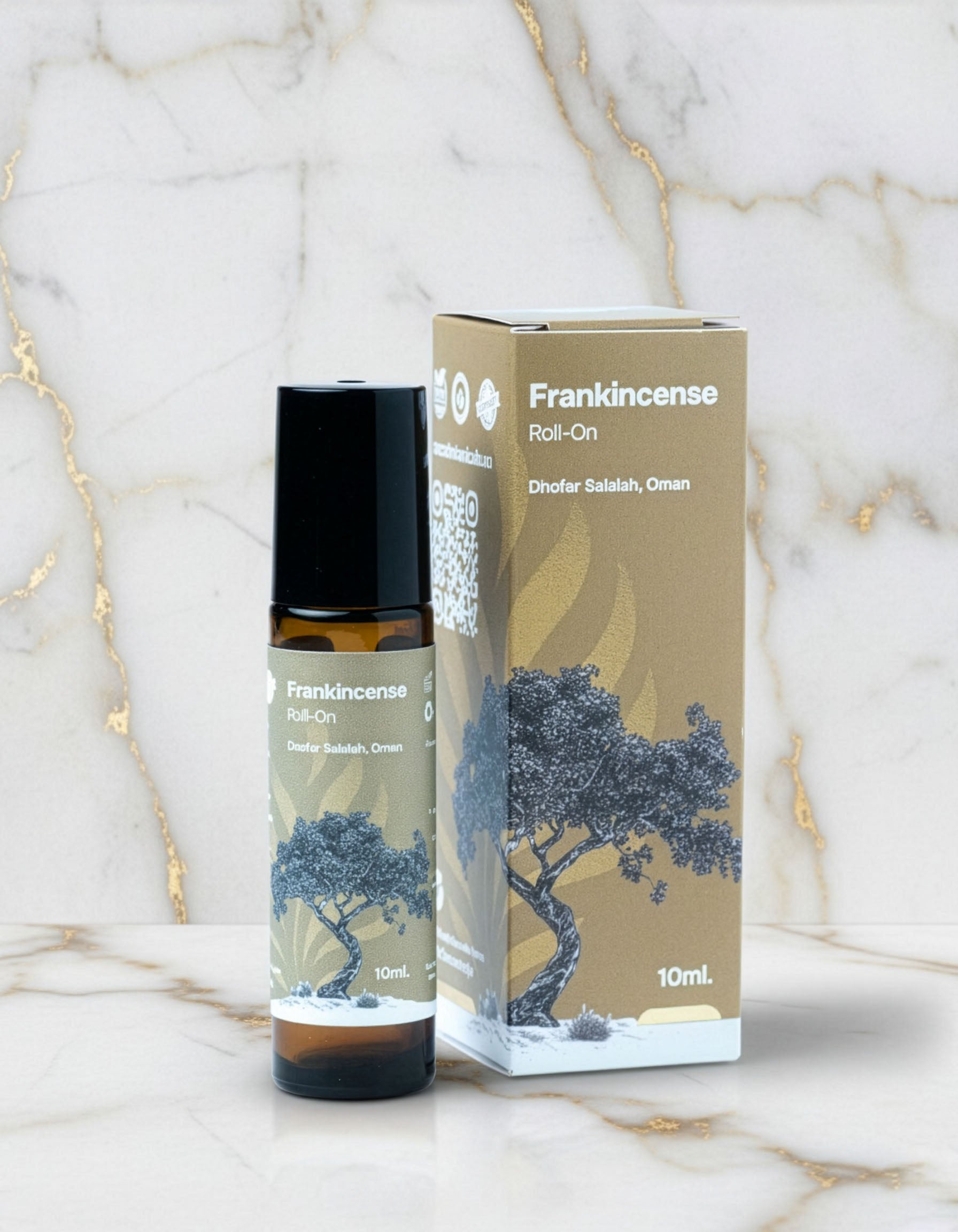 Roll-on cu ulei esential de tamaie Frankincense Boswellia Sacra 10ml, sticla cu ambalaj Sacra Botanicals