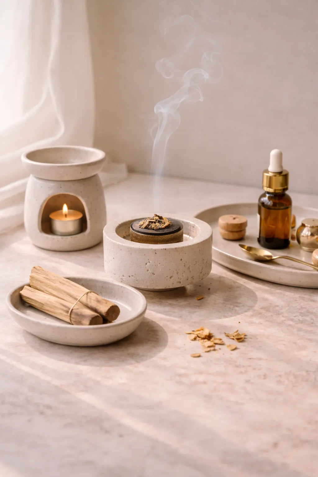 Accesorii ritualice din ceramica pentru ardere si incalzire, compozitie calma in lumina naturala