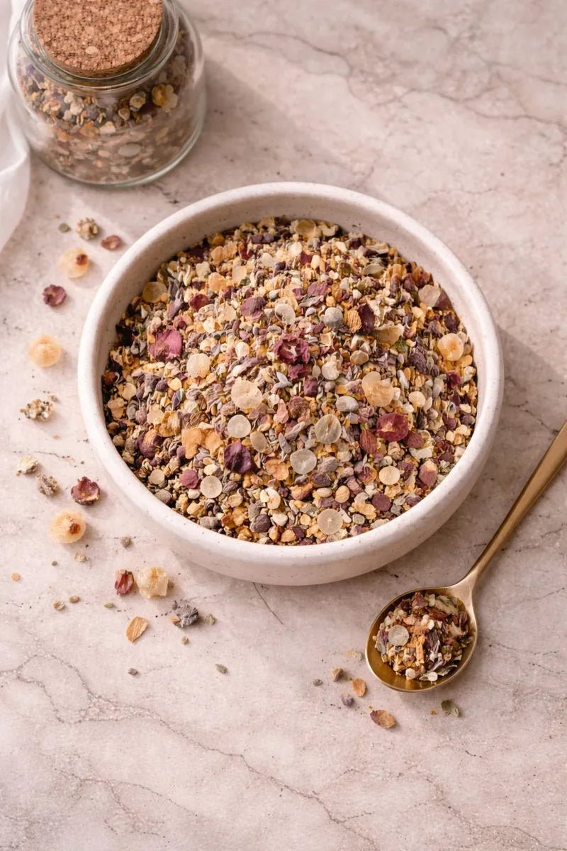 Bol ceramic cu blend botanic pentru fumigatie, vedere de sus, iluminare naturala