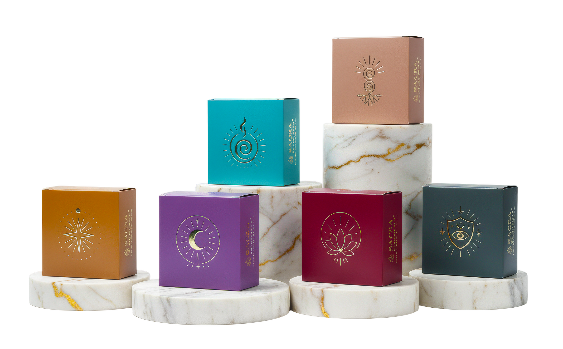 Gama completa de blenduri botanice Sacra Botanicals, prezentate in compozitie calma si ordonata