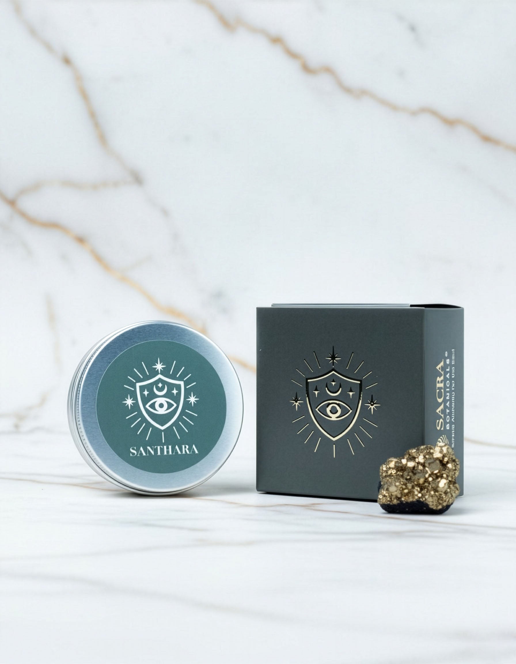 Blend botanic Santhara pentru fumigatie, cutie si recipient metalic Sacra Botanicals cu piatra decorativa