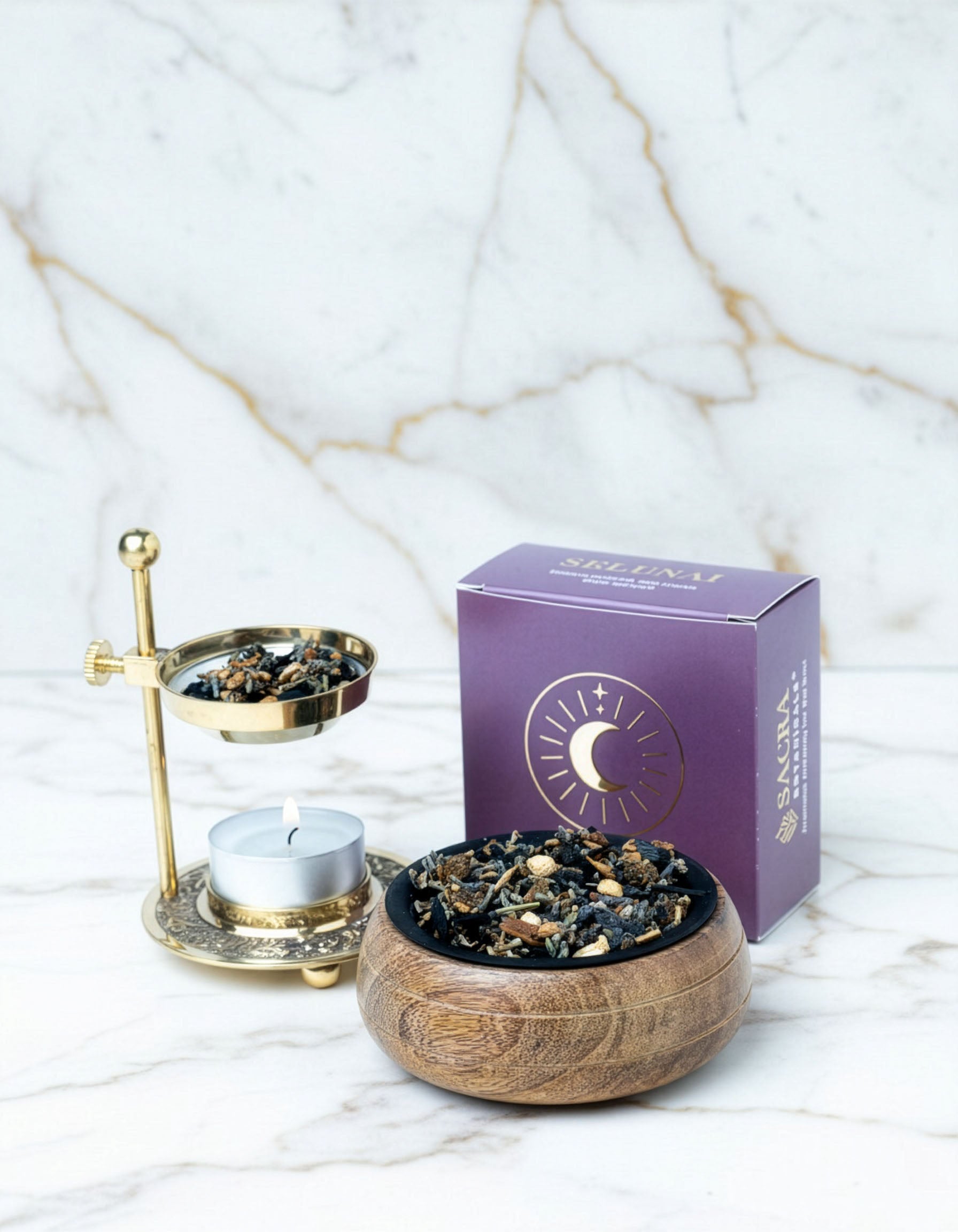 Blend botanic Selunai pentru fumigatie, prezentare ritualica cu suport metalic, lumanare si bol din lemn