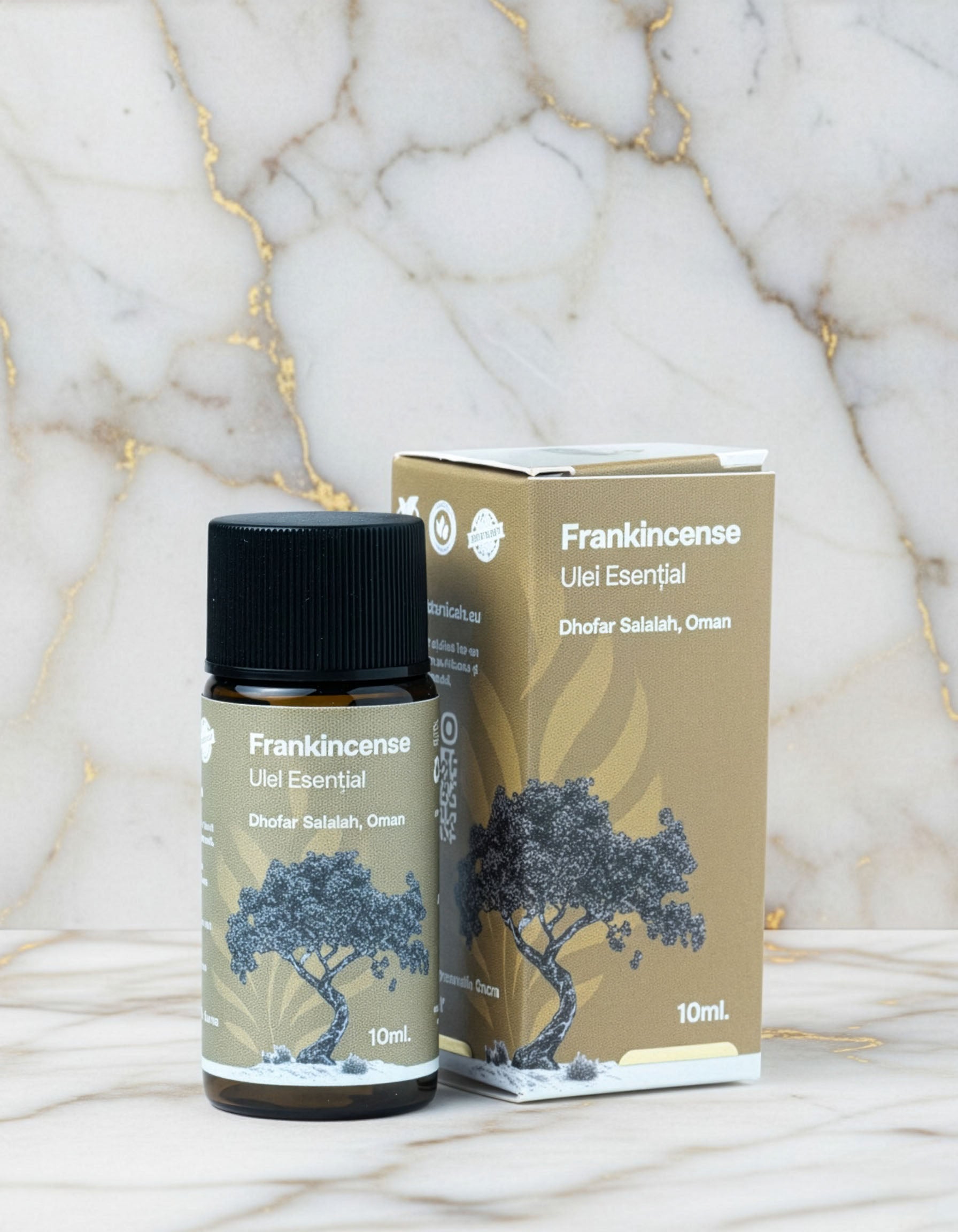 Ulei esential de tamaie Frankincense Boswellia Sacra 10ml, sticla si ambalaj Sacra Botanicals